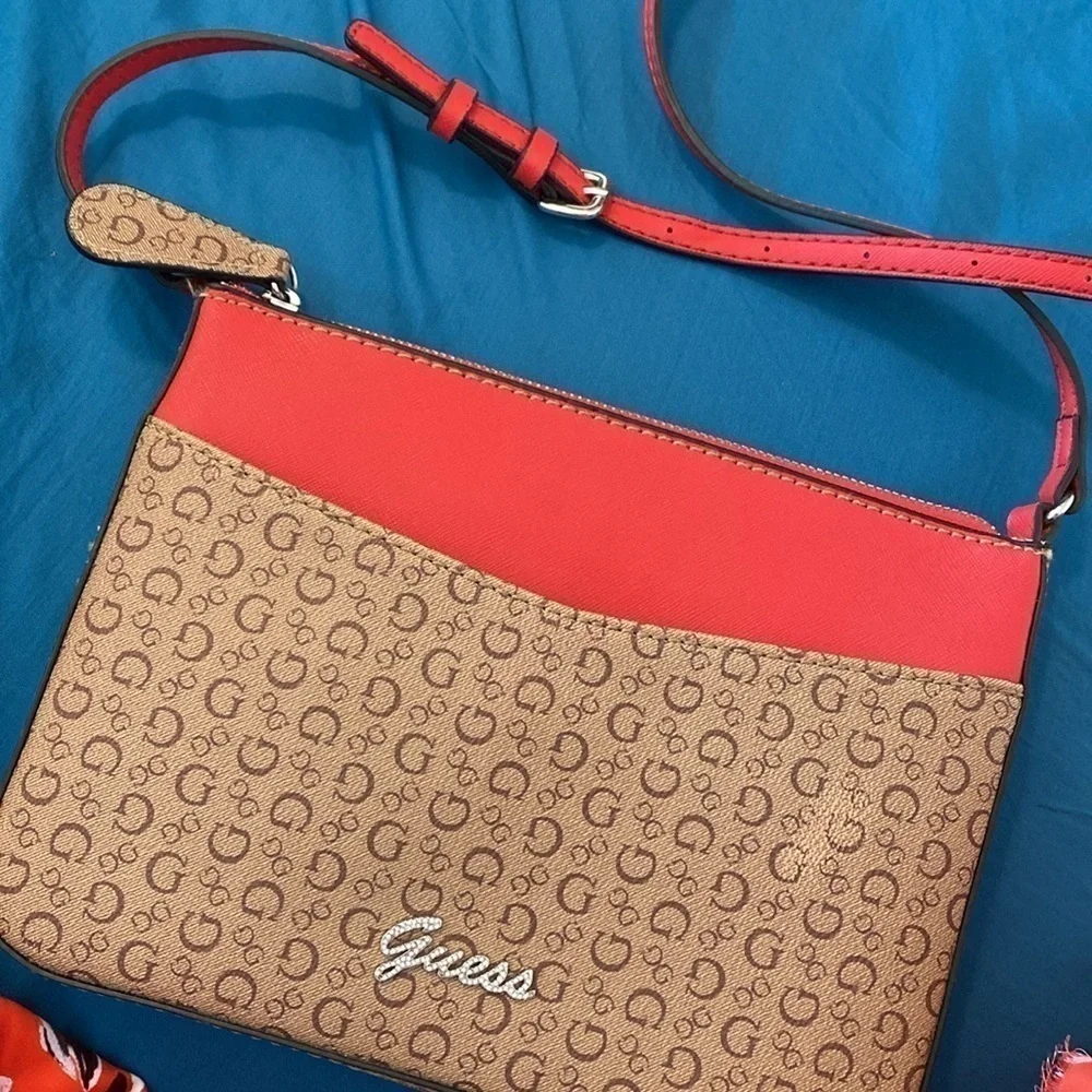 Guess red tan cross body bling two pocket zip up purse adjustable strap